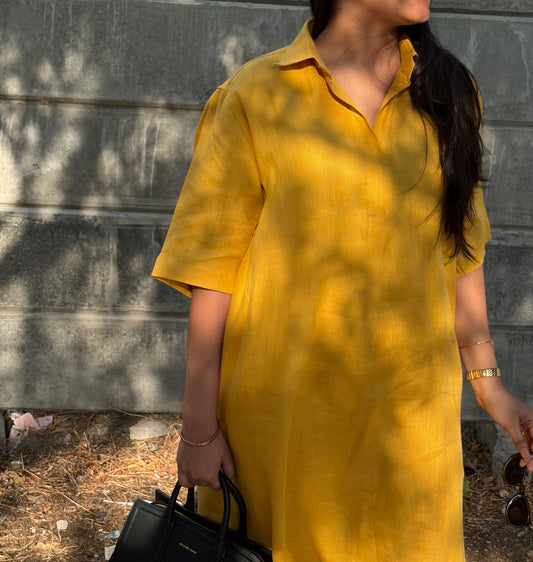 Mustard Linen Shirt Dress - Half Sleeves