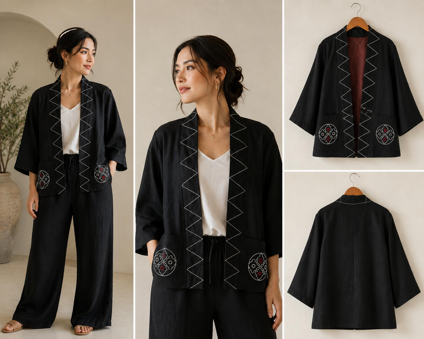 A black wide-sleeve kimono-style jacket with white zigzag contrast stitching and circular embroidered motifs near the lower front, shown on a model in a lifestyle setting alongside front, back, and hanging views.