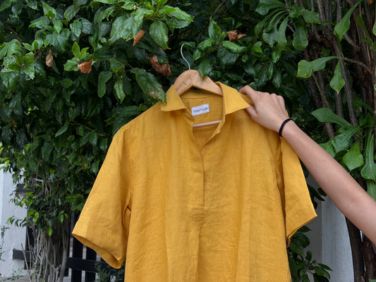 Mustard Linen Shirt Dress - Half Sleeves