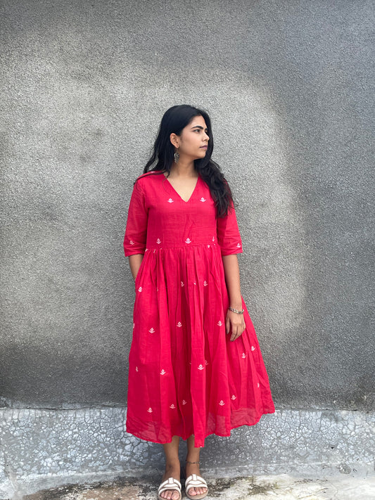 Jamdani Dress Red