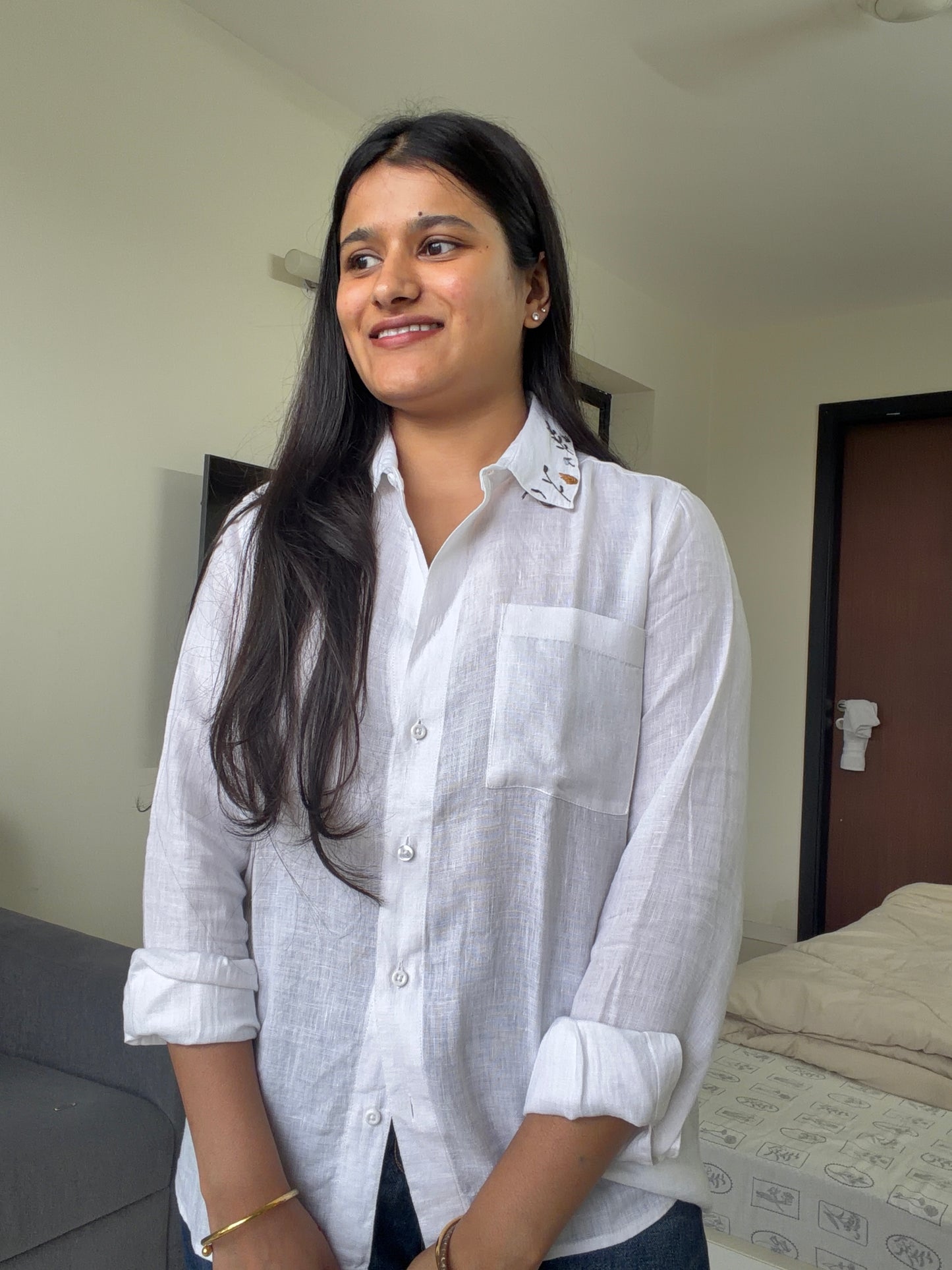 White Pure Linen Women Shirt | Embroidered Collar