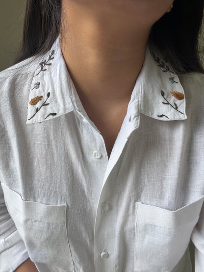White Pure Linen Women Shirt | Embroidered Collar