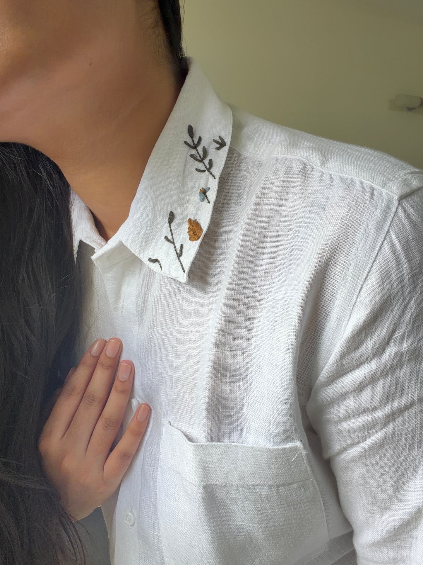 White Pure Linen Women Shirt | Embroidered Collar