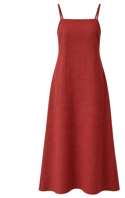 A two-piece outfit set featuring a rust red linen slip dress and a black open-front kimono-style jacket with white zigzag stitching and circular embroidered details on the pockets, shown against a plain white background.