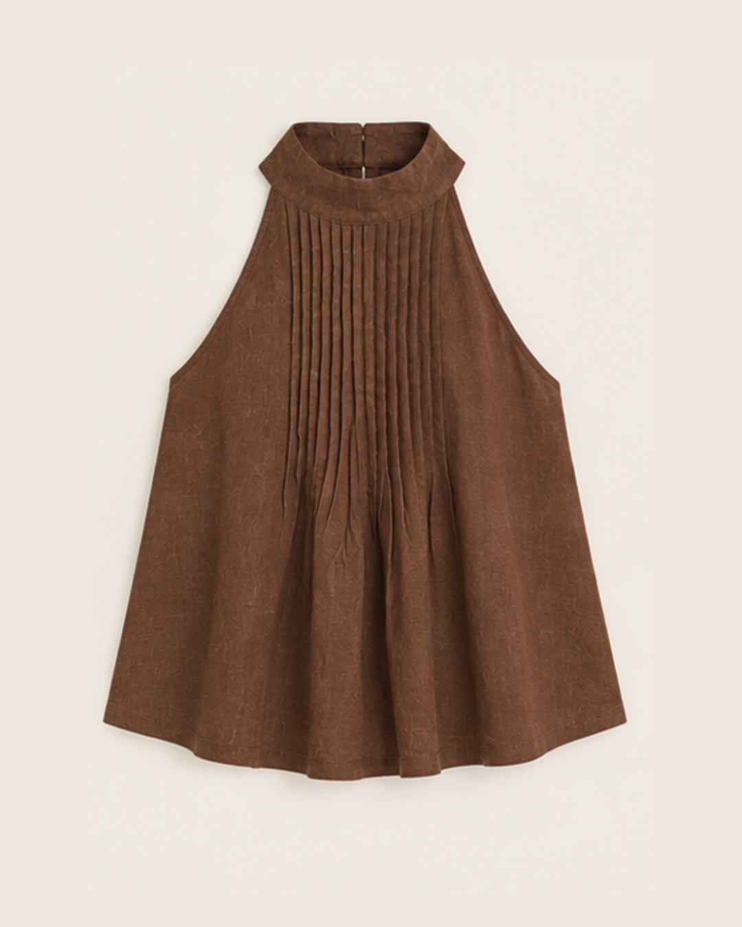 A sleeveless brown linen top with a high mock neck and vertical pleats on the front, displayed flat against a light cream background.