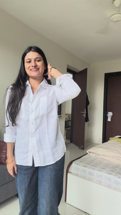 White Pure Linen Women Shirt | Embroidered Collar